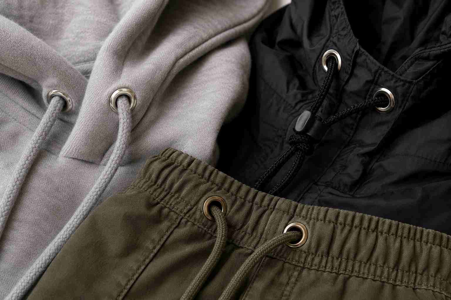 grommet clothing,Grommet clothing featuring metal grommets installed on hoodies, jackets and drawstring pants for cord reinforcement